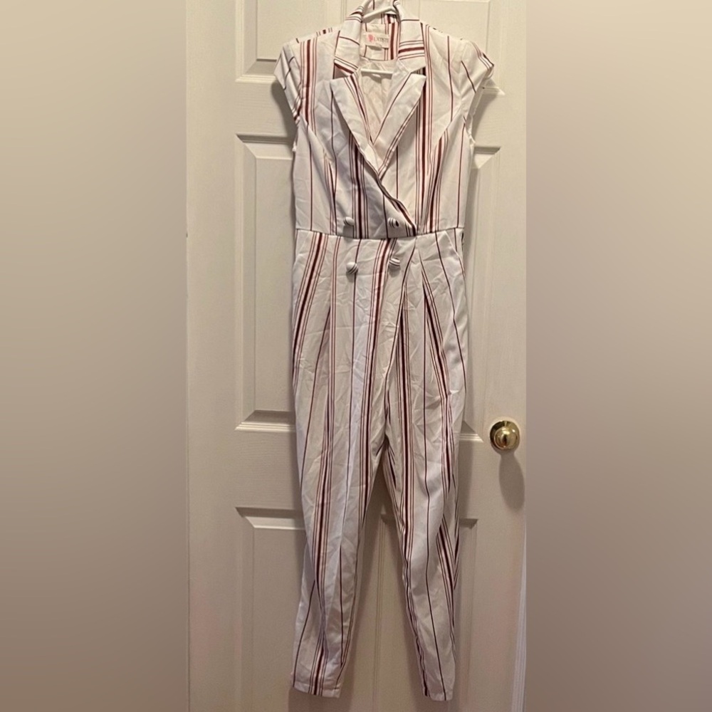 L'ATISTE White and Red Striped Jumpsuit